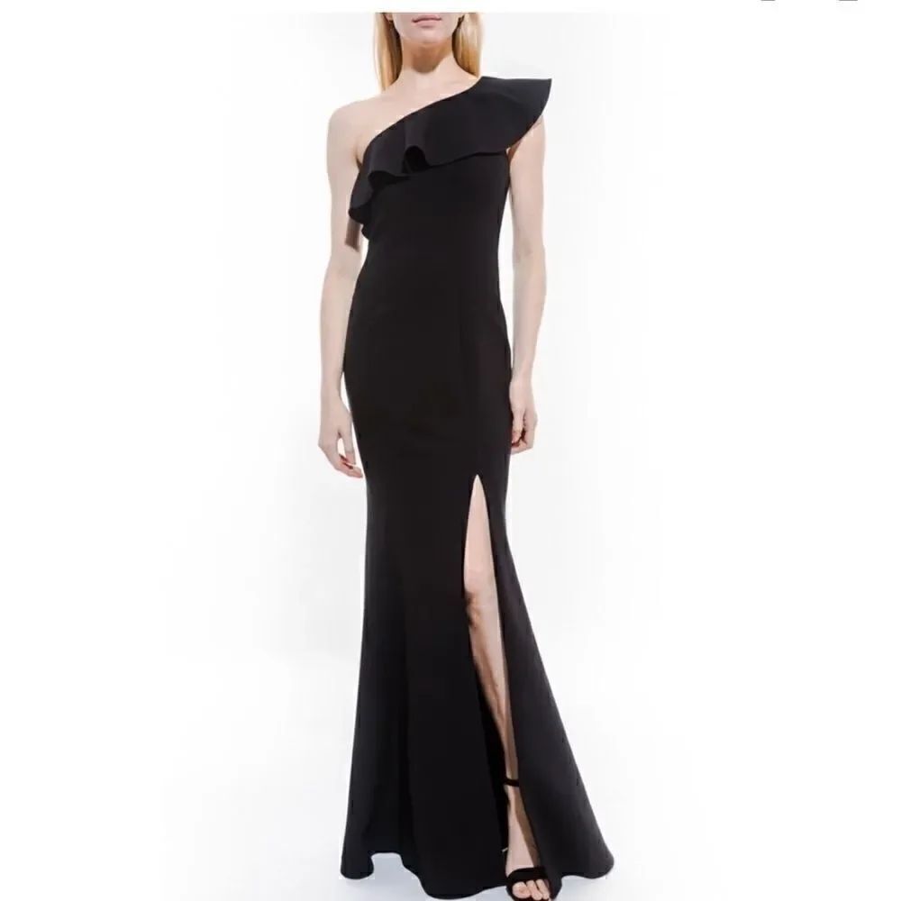 Likely Kane One Shoulder Ruffle Long Gown in Black Sz 4